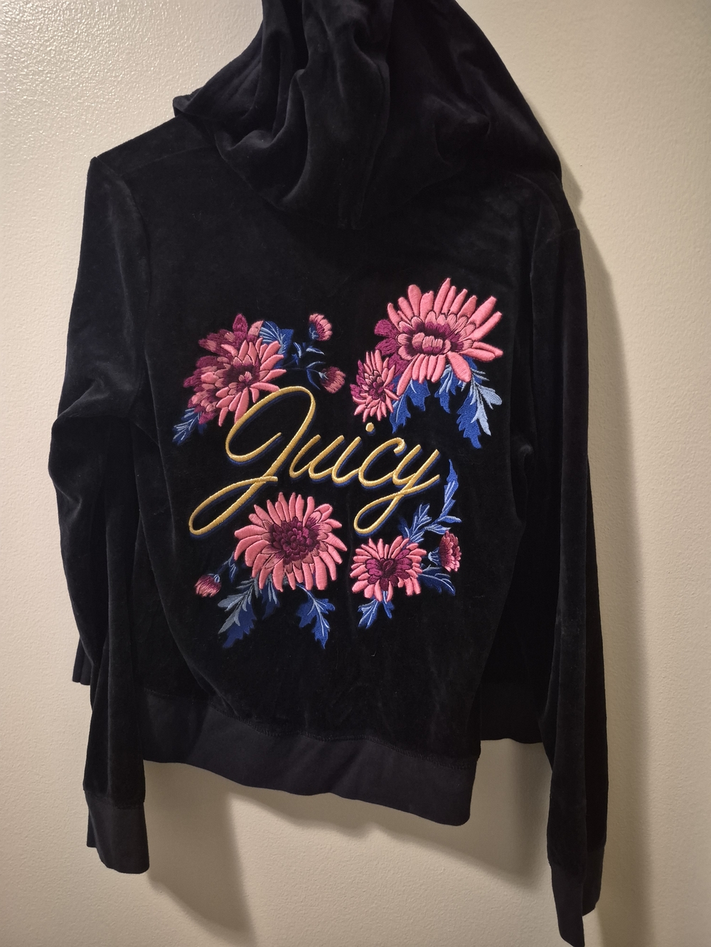 Juicy Couture Black Velvet Hoodie with Pink & Blue Floral Embroidery